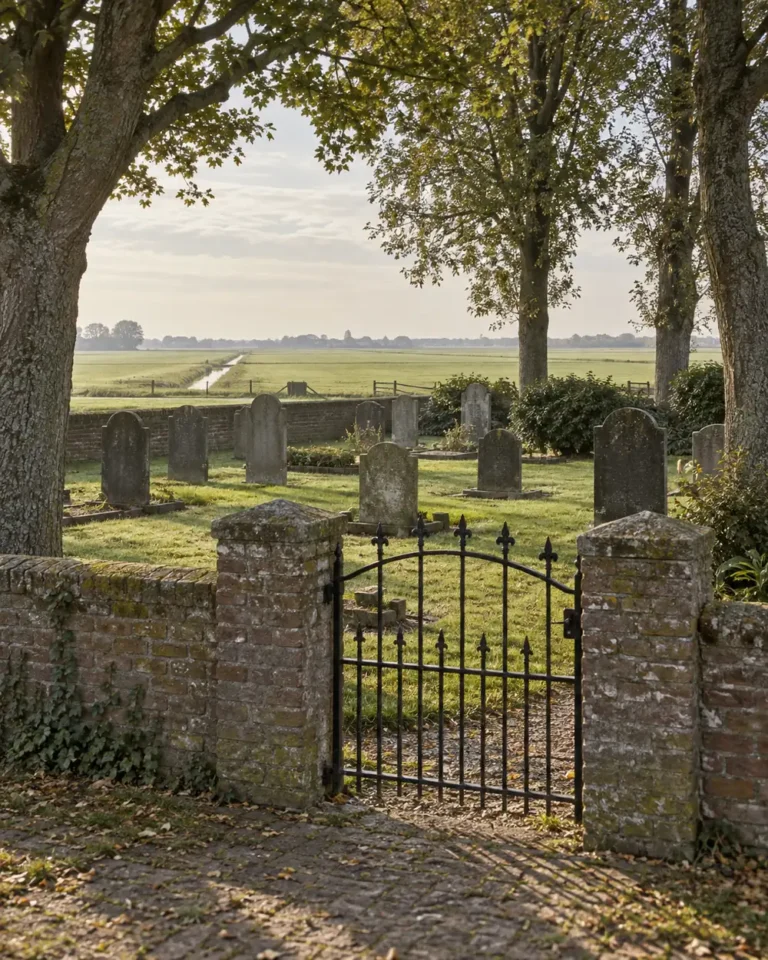 Dorpsbegraafplaats met een lage bakstenen muur en een smeedijzeren hek in de polder