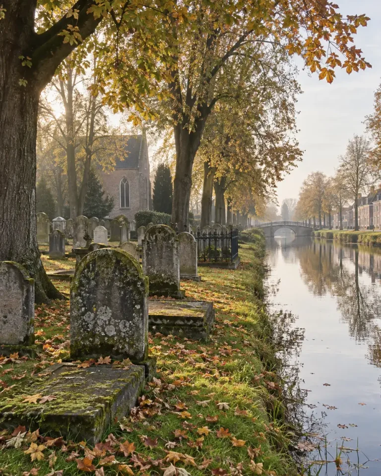 Oude begraafplaats met grafstenen onder hoge bomen langs een gracht