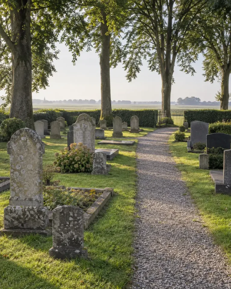 Begraafplaats in Haastrecht met een grindpad tussen grafstenen en hoge bomen