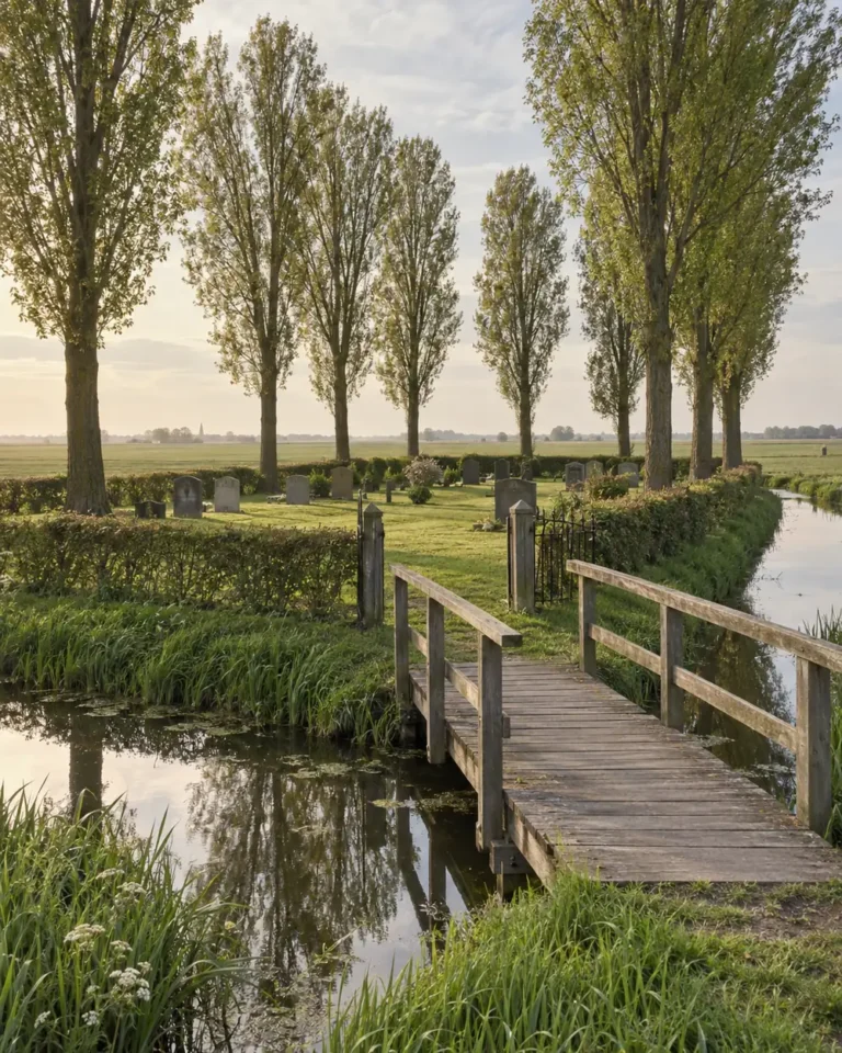 Begraafplaats in de Krimpenerwaard met een houten bruggetje over de sloot en hoge populieren