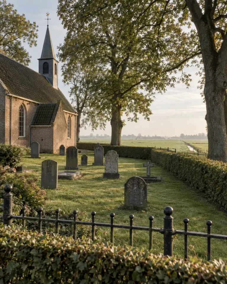 Kerkhof bij een oude dorpskerk met grafstenen, een ijzeren hek en de polder erachter