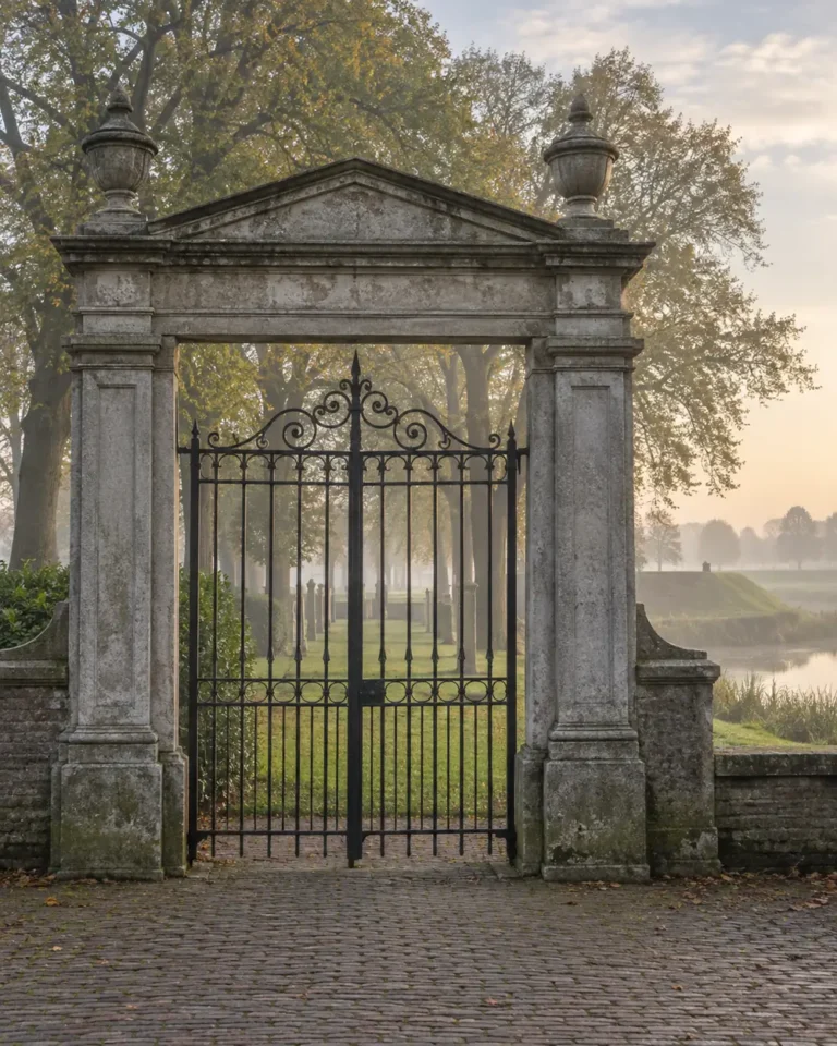 Stenen toegangspoort van een oude begraafplaats in de ochtendnevel