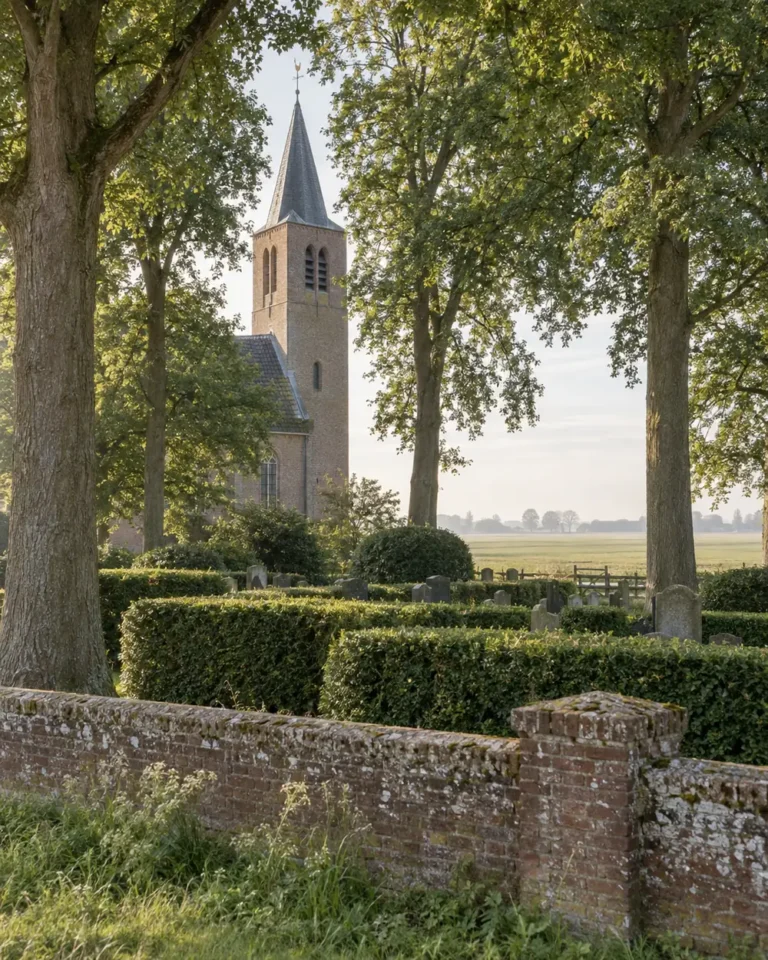 Dorpsbegraafplaats met een bakstenen muur en een kerktoren achter de bomen