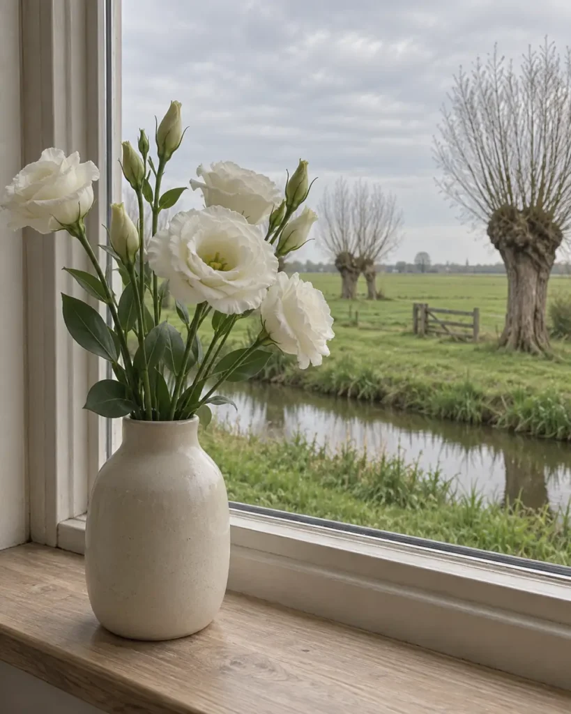 Witte lisianthus in een vaas op de vensterbank met uitzicht op knotwilgen in de polder
