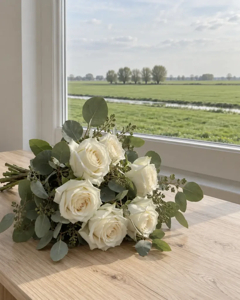 Witte rozen met eucalyptus op een houten tafel bij een raam met uitzicht op de polder