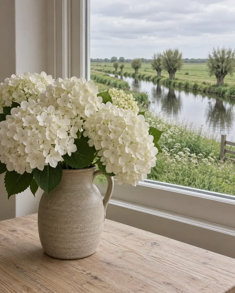 Witte hortensia's in een stenen kan bij een raam met uitzicht op de Vlist
