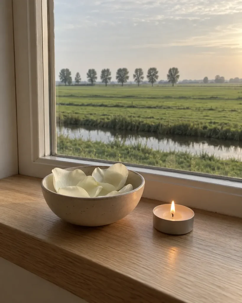 Schaaltje met witte rozenblaadjes en een waxinelichtje op de vensterbank