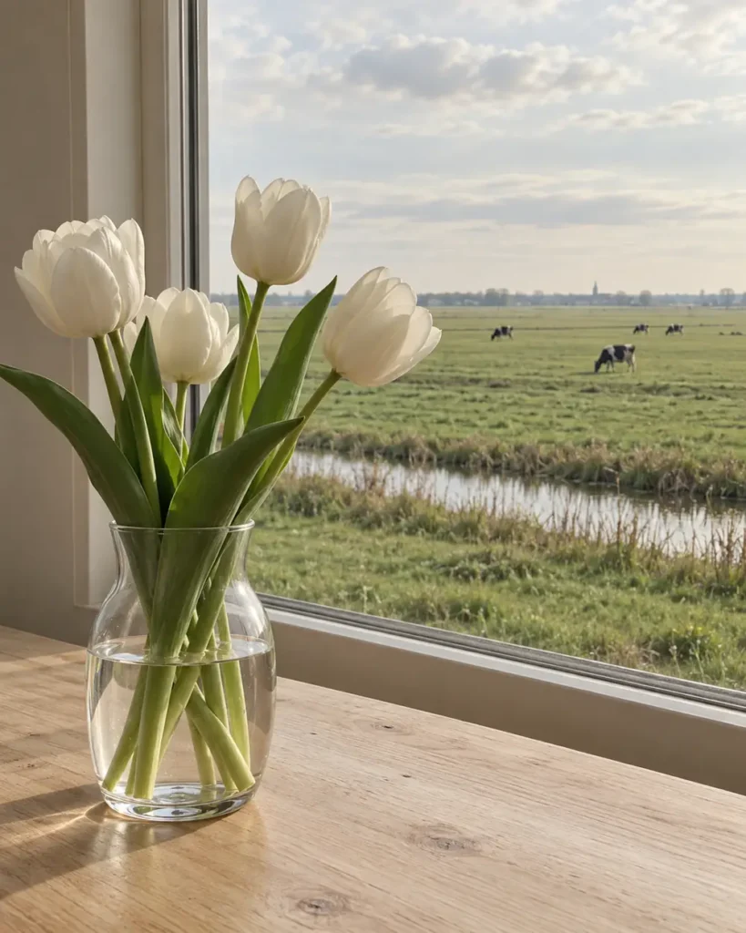 Witte tulpen in een glazen vaas bij een raam met uitzicht op weilanden en koeien