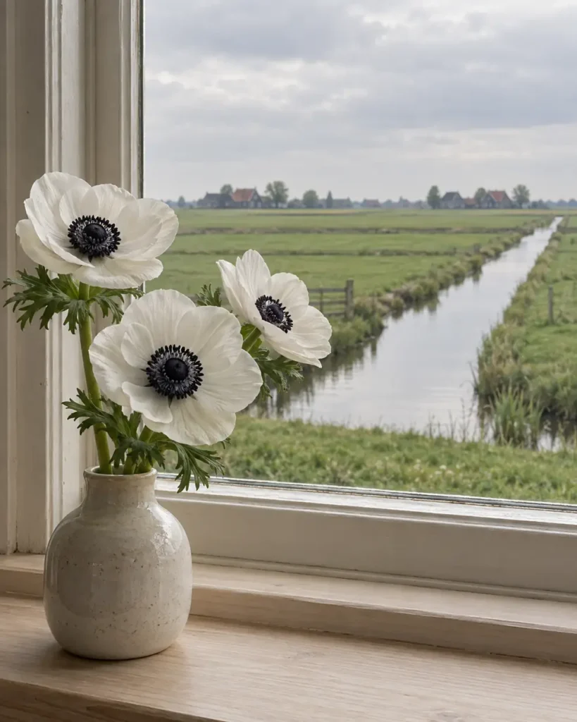 Witte anemonen op de vensterbank met uitzicht op een wetering en boerderijen