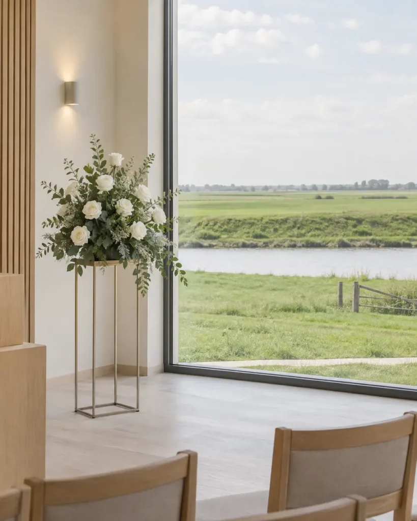 Witte rozen in een lichte afscheidsruimte met uitzicht op de polder