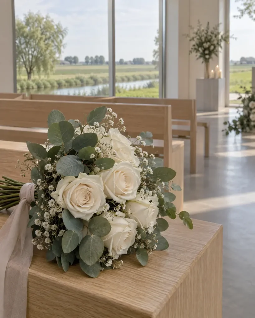 Witte rozen in een lichte afscheidsruimte