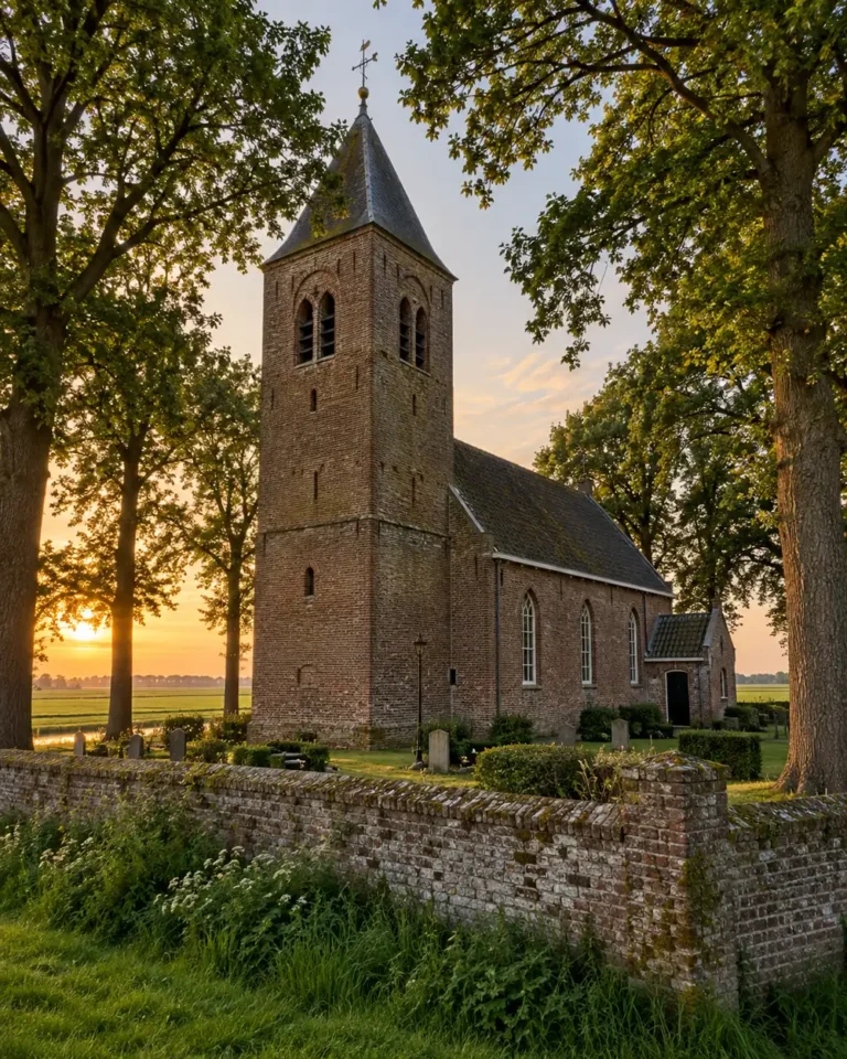 Dorpskerk met bakstenen toren en kerkhofmuur bij een uitvaart in Bergambacht