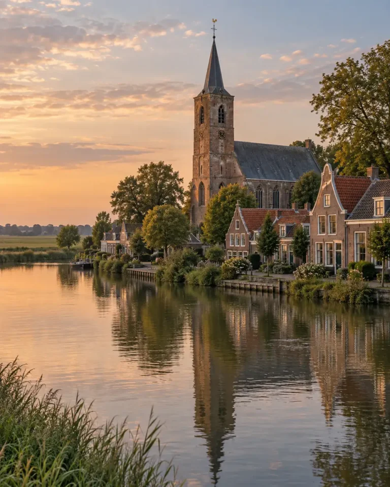 Kerk met bakstenen toren en oude gevels aan het water bij Haastrecht