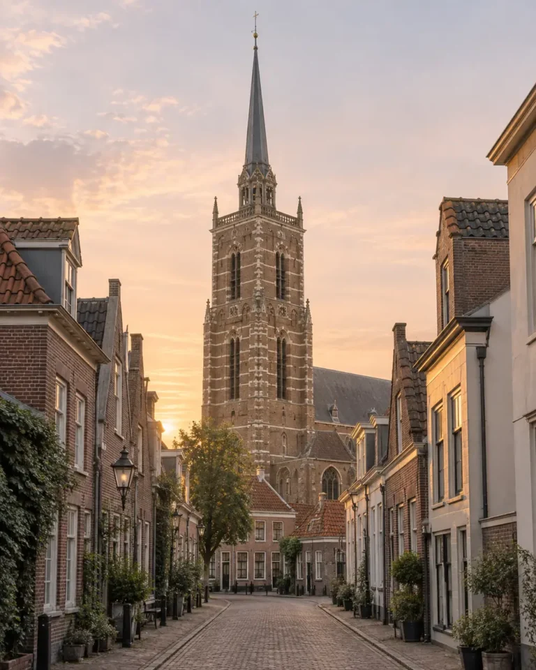Kerktoren boven de daken van een oude binnenstad bij zonsopkomst