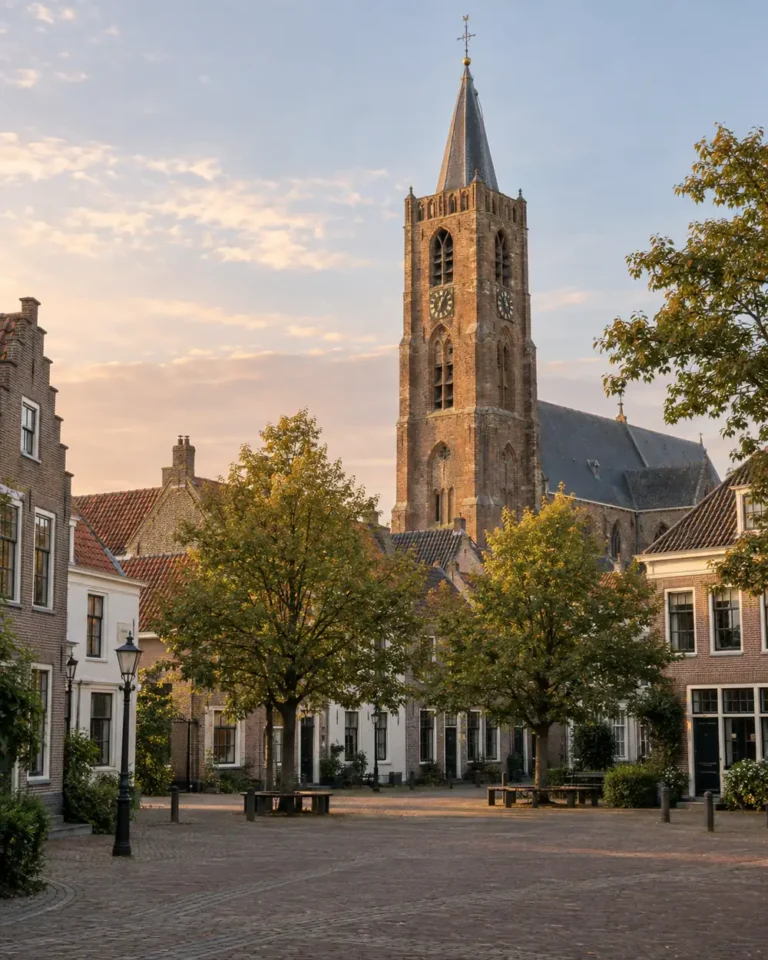 Toren van de Grote of Sint-Janskerk boven een pleintje in Montfoort