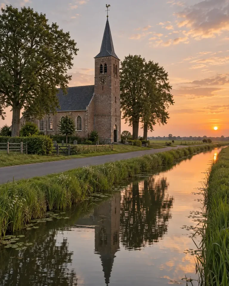 Oude dorpskerk met bakstenen toren aan de wetering bij zonsondergang