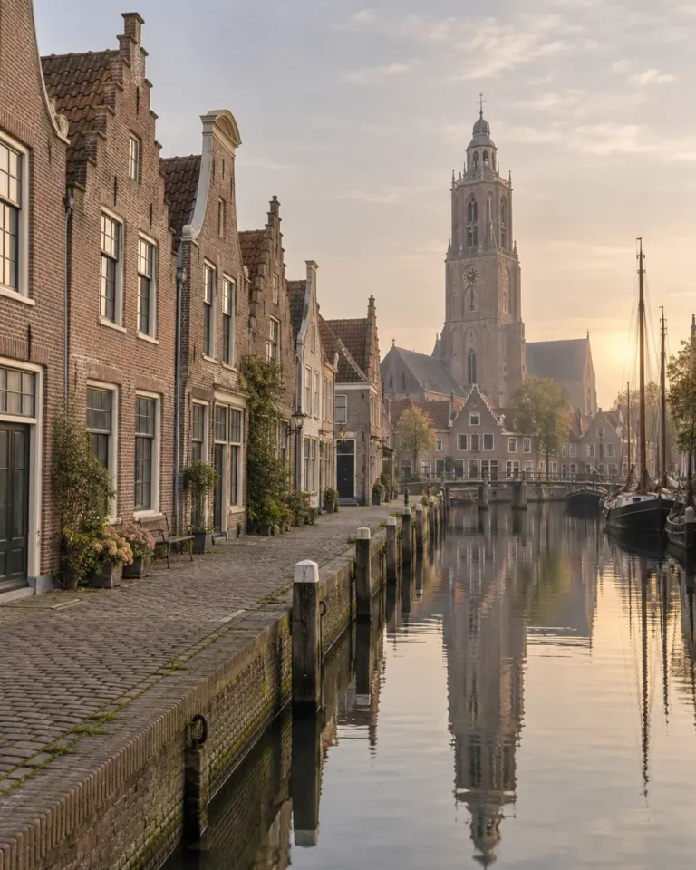 Haven met grachtenpanden en een kerktoren bij zonsopkomst
