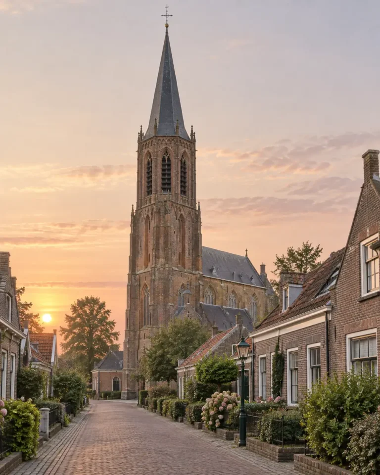 Kerktoren in een rustige dorpsstraat bij zonsopkomst