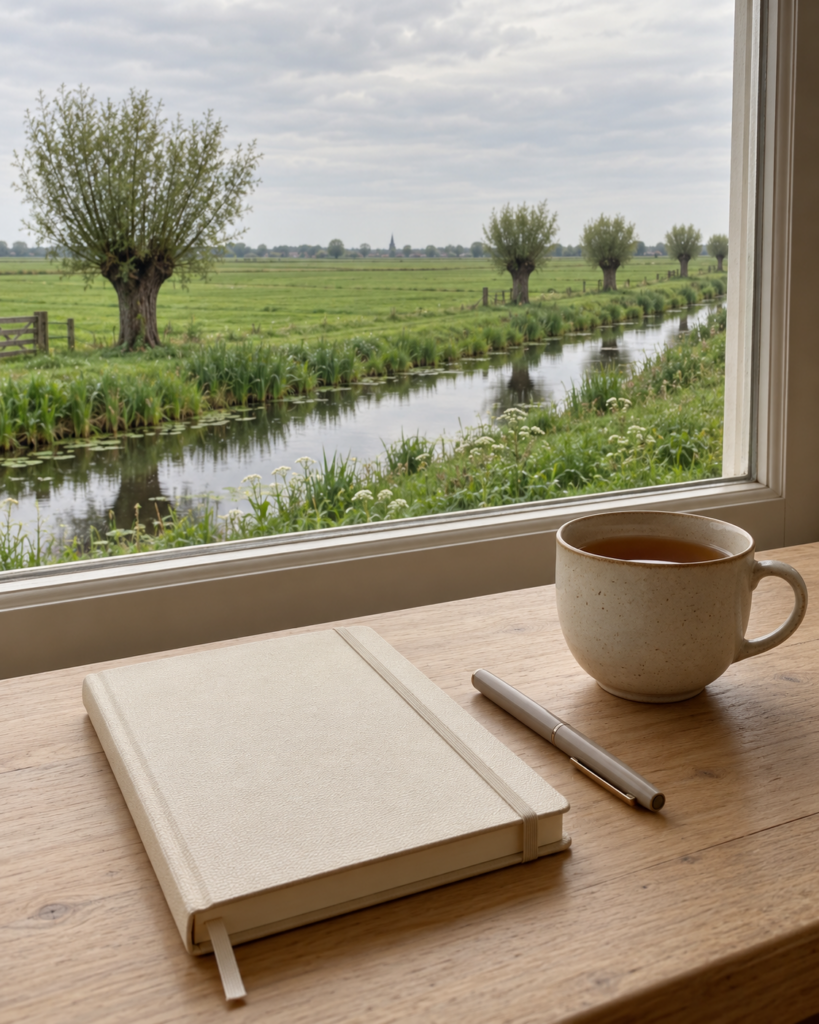 Notitieboek, pen en kop thee bij een raam met uitzicht op de polder