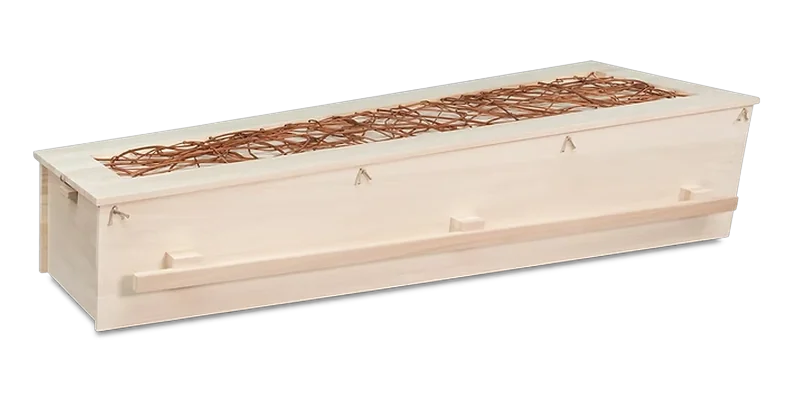 Natuurkist van licht hout met een deksel van wilgenteen